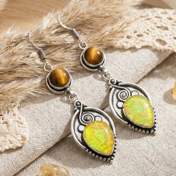 NKULTD Jewelry - S925 Silver Tiger's Eye Triplet Opal Earrings 2.8" Handcrafted Boho Artisan Drop